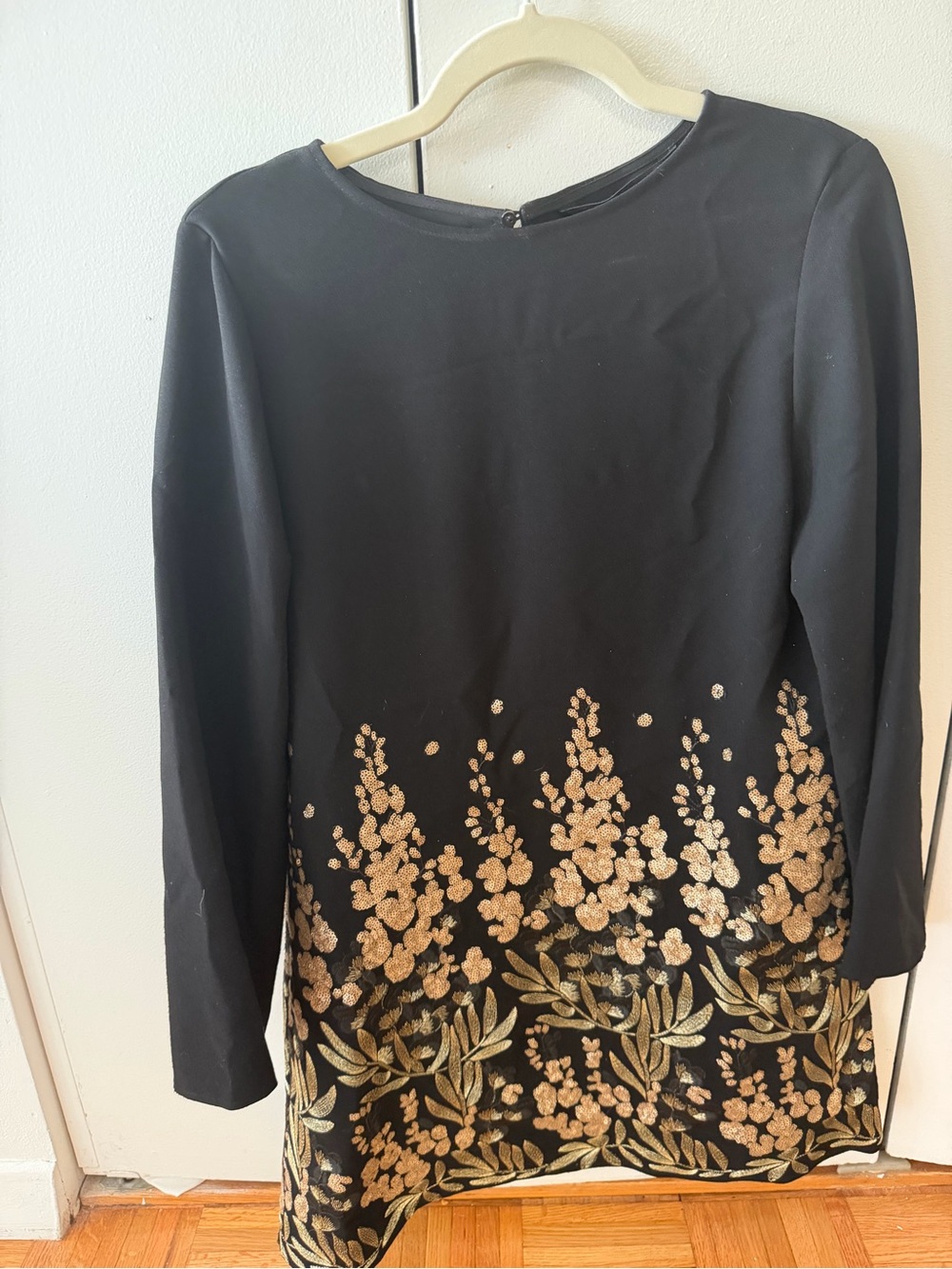 Zara Black Long-Sleeve Dress with Gold Floral Embroidery